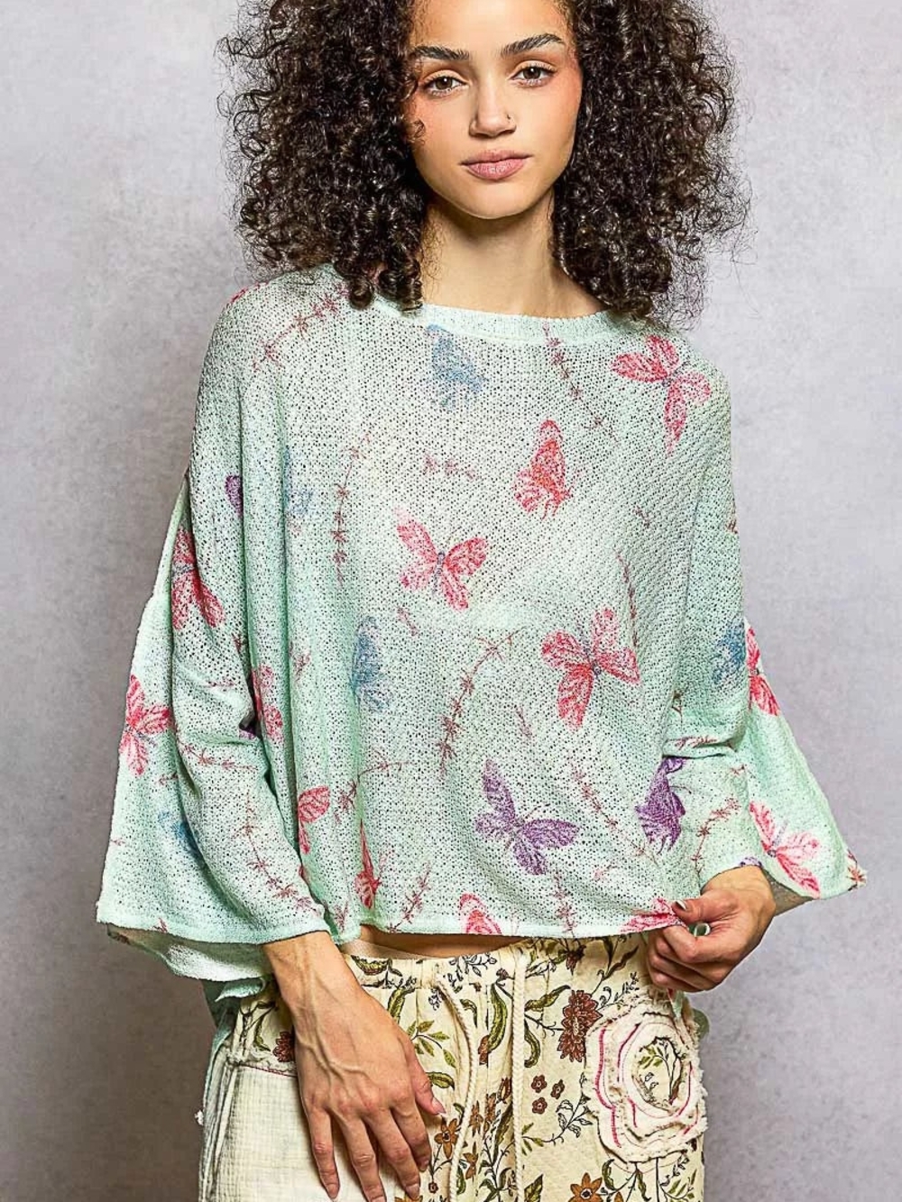 NWOT POL Light Green Butterfly Print Relaxed Knit Top